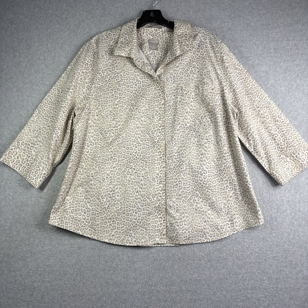 Chicos 3 Tunic Top Women's XL No Iron Button Up Cheetah Animal Print 3/4 Sleeve